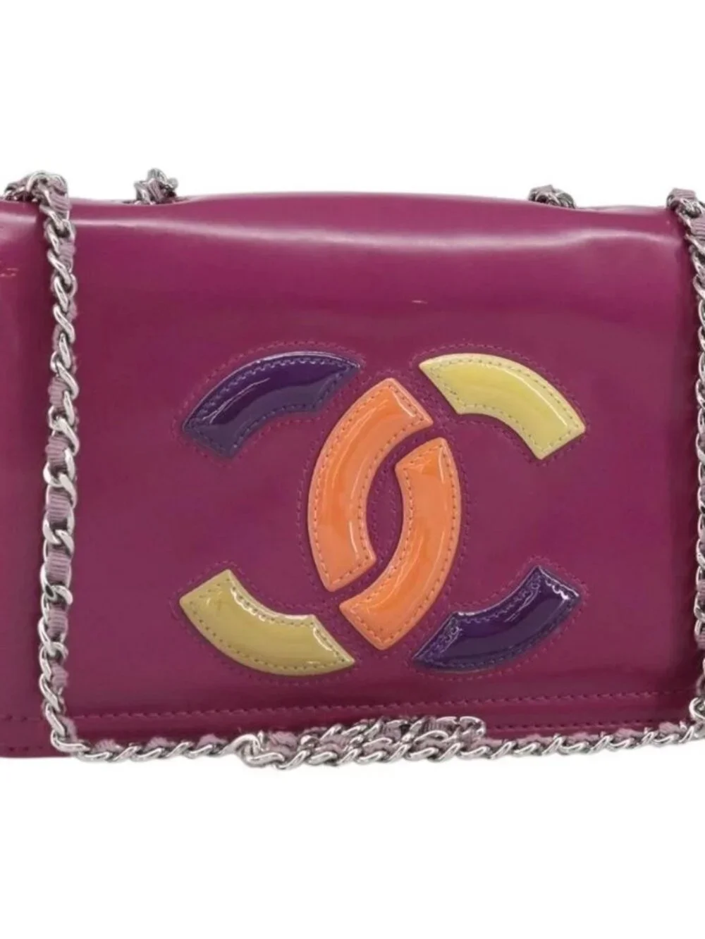 CHANEL Chain Shoulder Bag Patent leather Purple Silver CC Auth BA9741